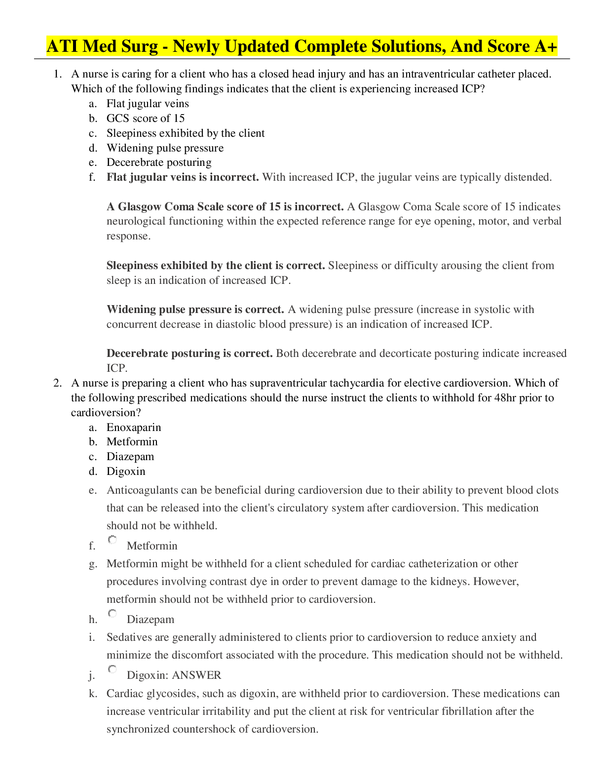 Preview image for ATI Med Surg - Newly Updated Complete Solutions, And Score A+